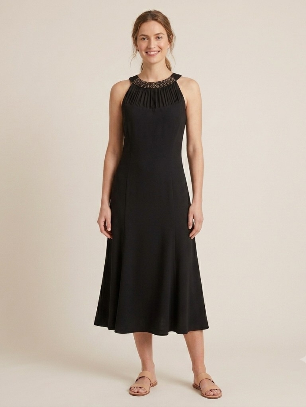 Evan Picone Black Midi Dress with Beaded Halter Neck Size 10